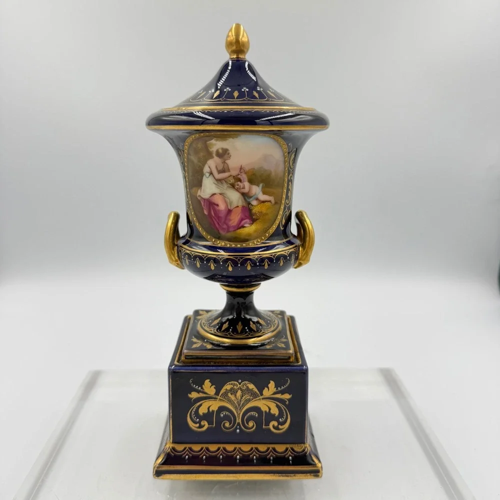 Antique Royal Vienna Cobalt Covered Urn Signed C Heer Austria Hand Painted Amor
